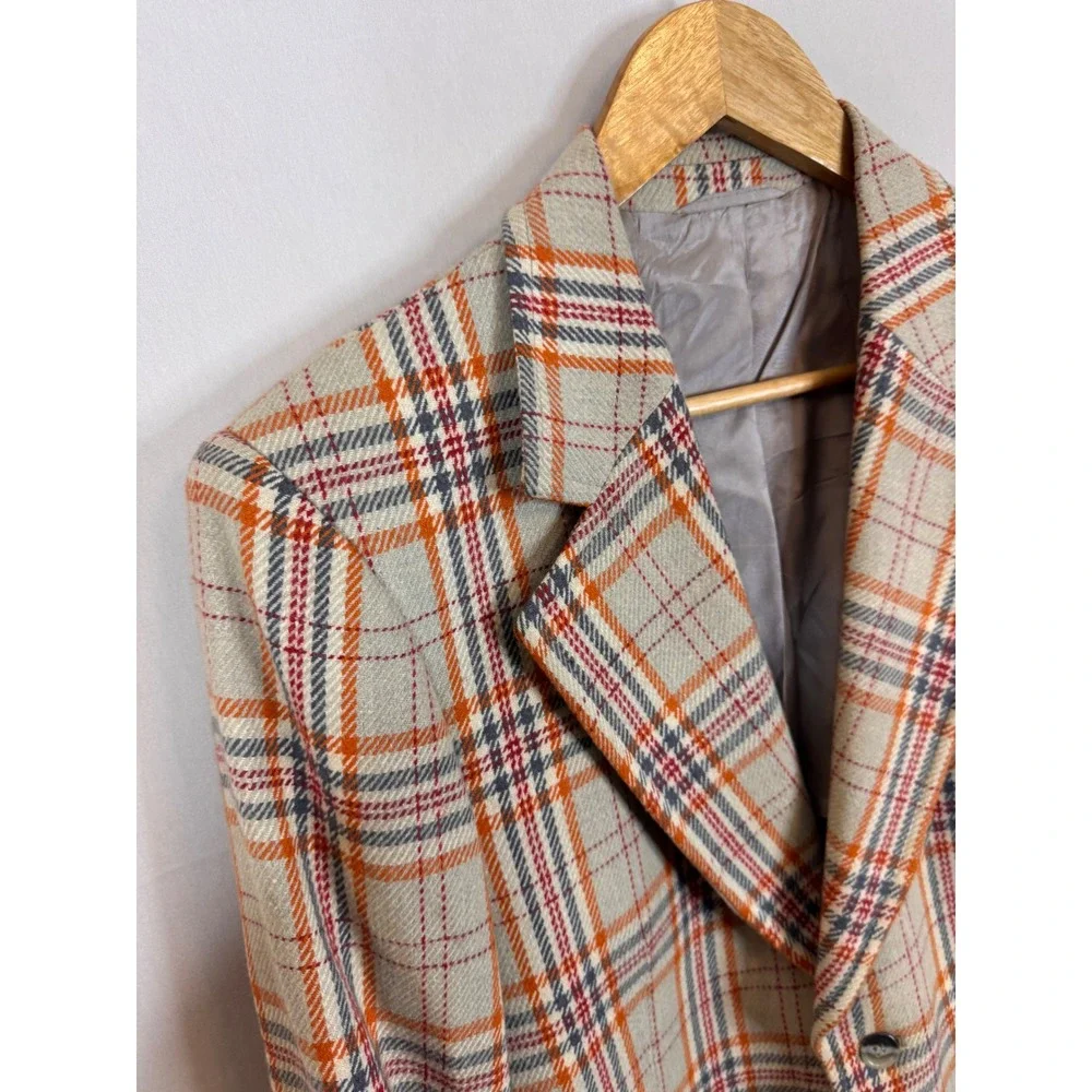 Vintage Plaid Blazer Jacket Orange Grey Beige Check Two Button Sport Coat 38 70s
